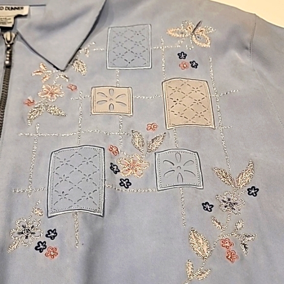 Alfred Dunner Ultra Suede Embroidered Patchwork Zippered Jacket Baby Blue 24W - Picture 5 of 15